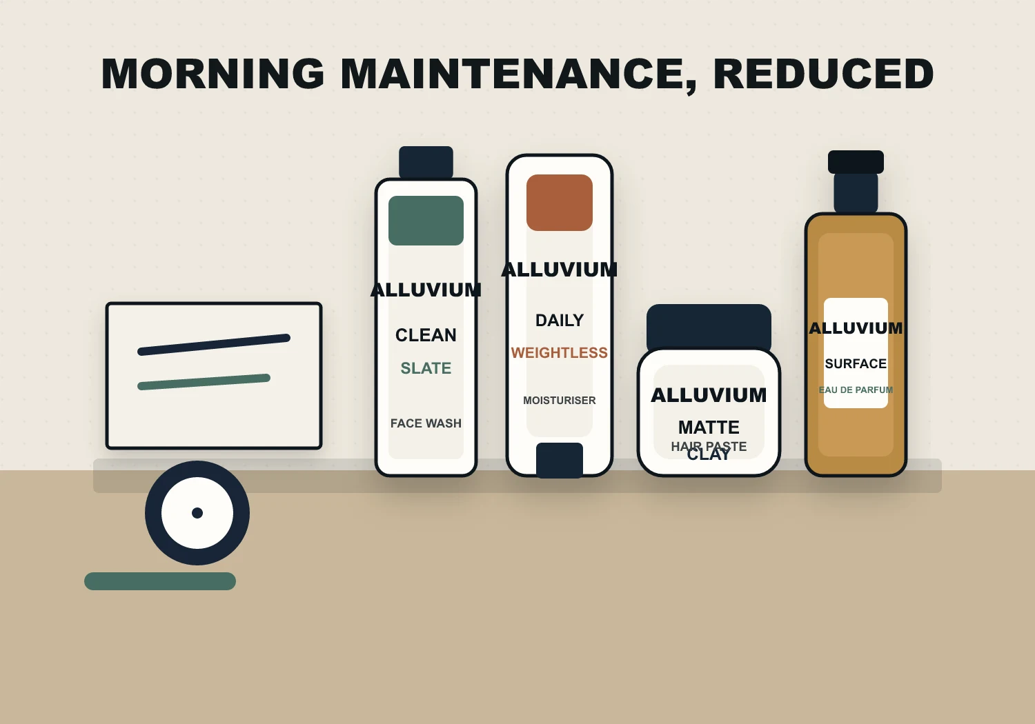Alluvium grooming routine on a clean bathroom shelf